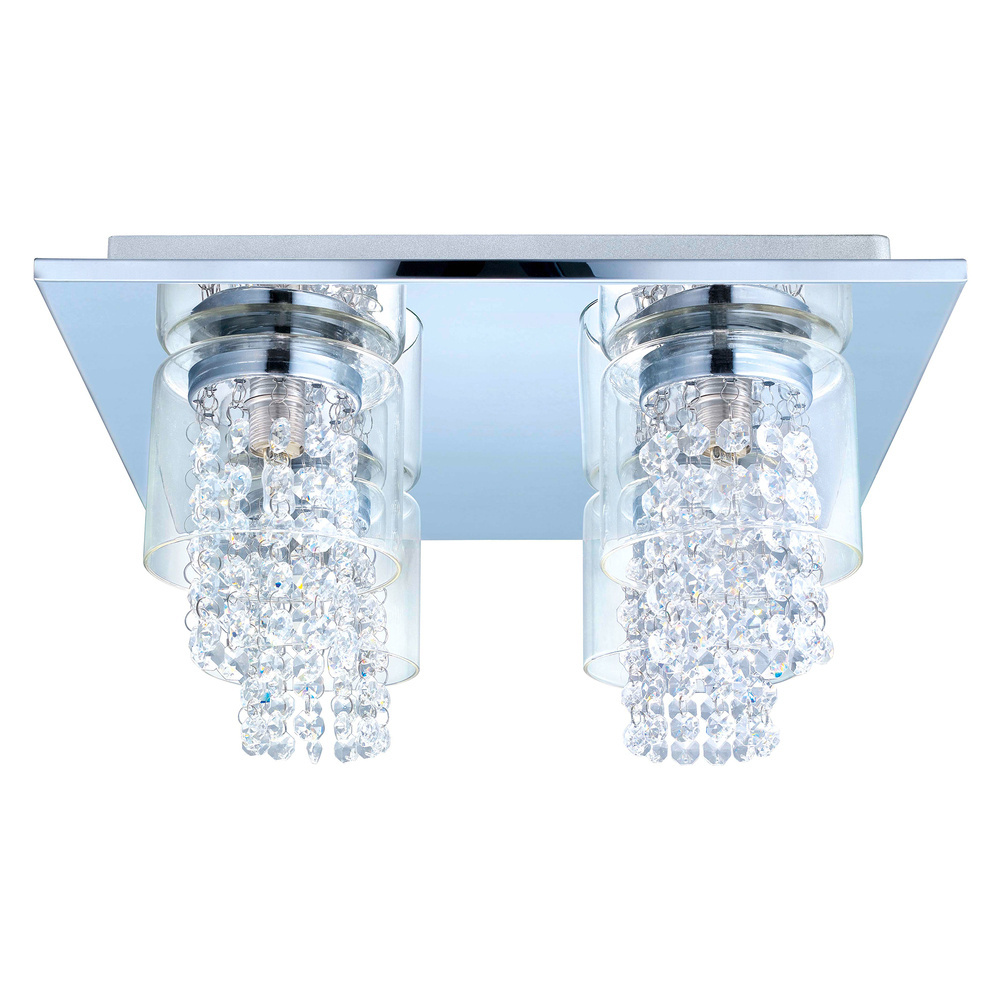 4 LT Ceiling Light w/ Chrome Finish & Clear Glass Shades Surrounding Clear Glass Crystal Strands