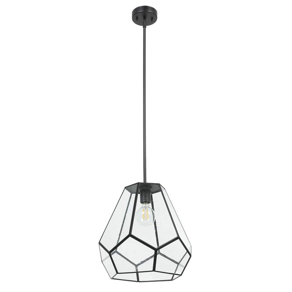 1 LT Pendant w/ Black Finish & Geometric Clear Glass Shade w/ Black Accents