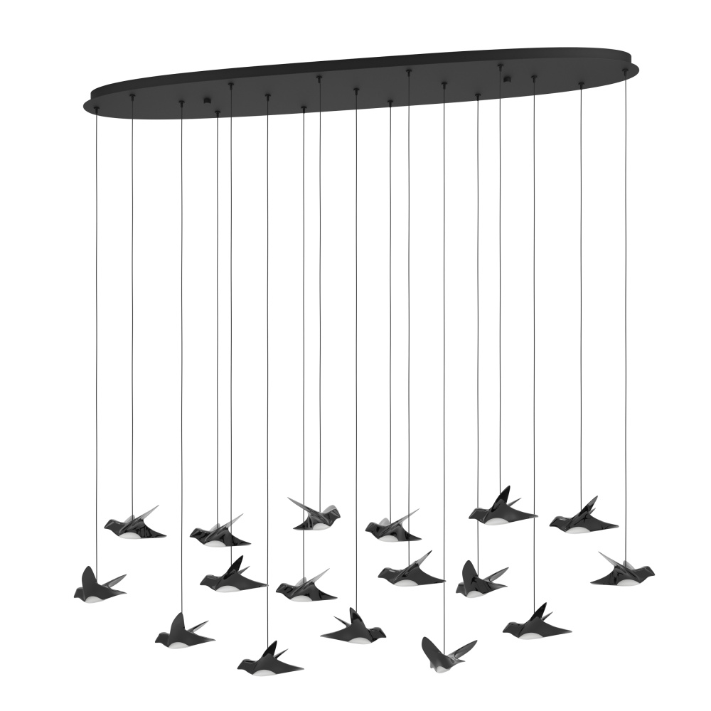 17 LT LED Linear Pendant w/ Black Finish & Black Chrome Bird Shaped Shades