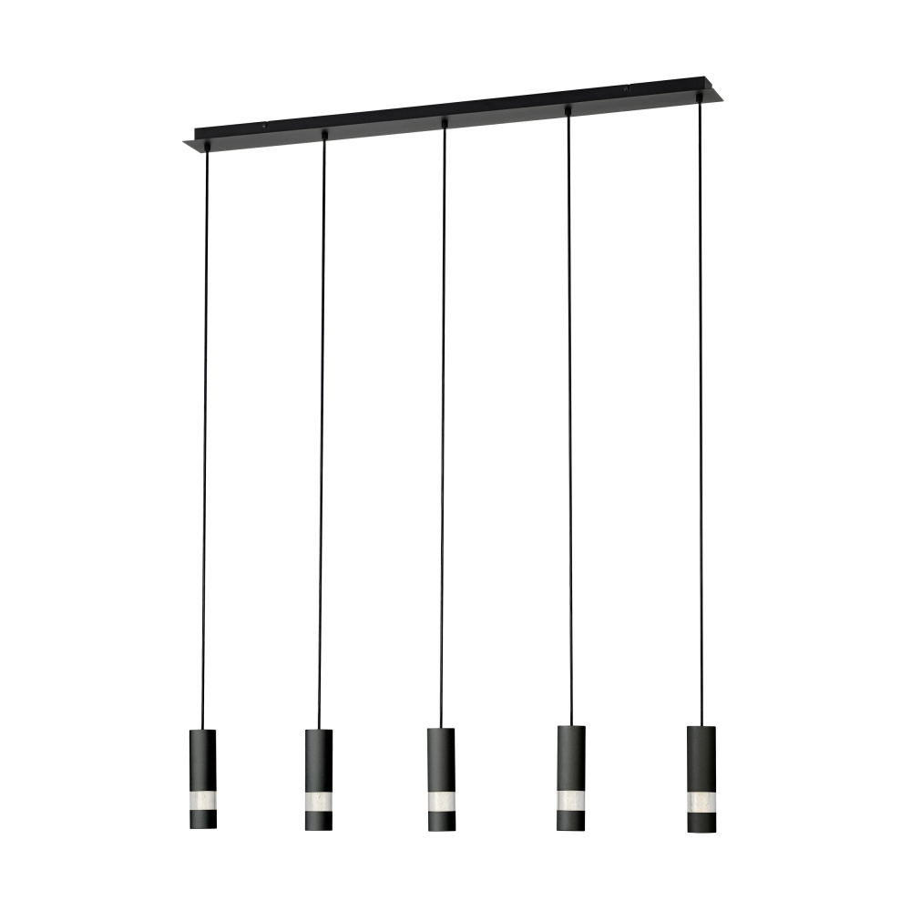 5 LT LED Linear Pendant w/ Black Finish & Black Cylinder Shades w/ Clear Seeded Diffusers