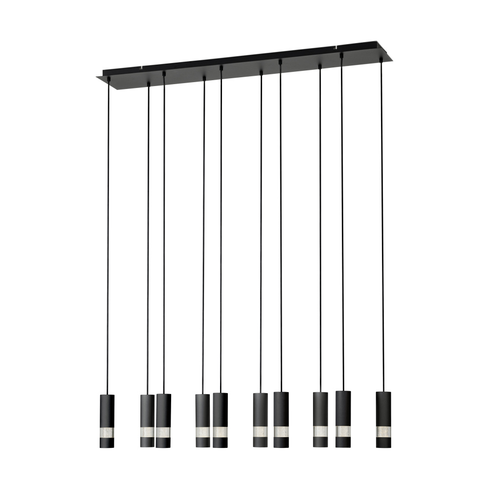 10 LT LED Linear Pendant w/ Black Finish & Black Cylnder Shades & Clear Seeded Diffusers