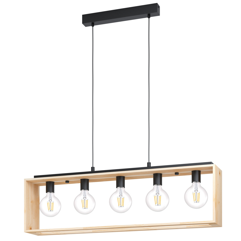 5 LT Open Bulb Linear Pendant w/ Black Finish & Natural Wood Frame